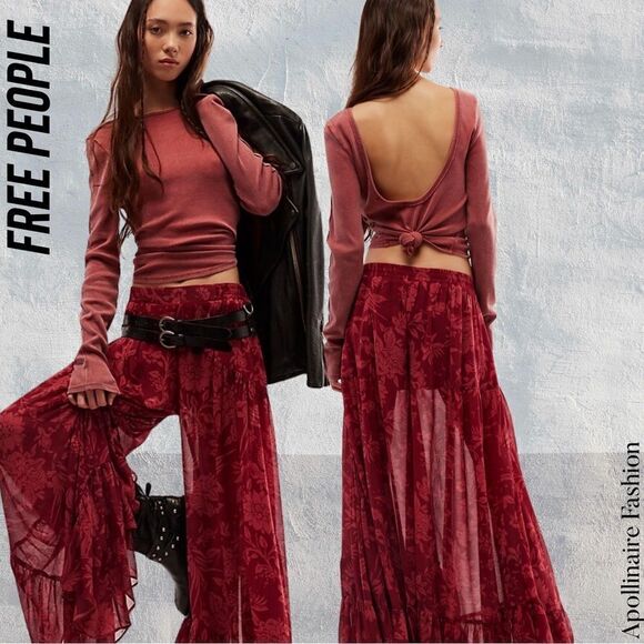 FREE PEOPLE COLETTE WIDE LEG PANTS IN WINE COMBO SIZE SMALL NWT - Picture 1 of 10